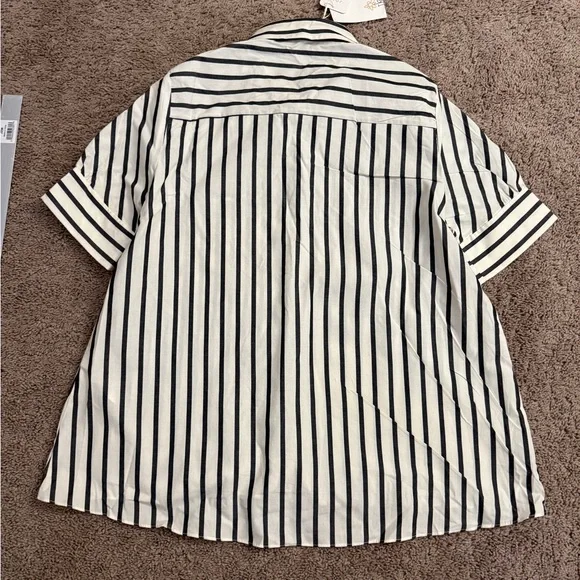 Zara Button Shirt Women size Medium Black Stripe Collar Short Sleeve Top - Picture 8 of 8